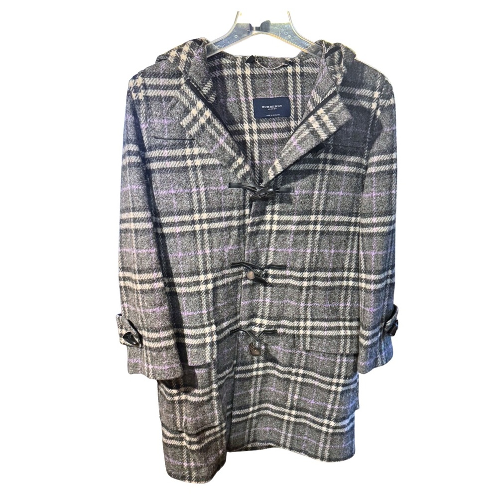 Burberry AUTHENTICATED Toggle Hooded Gray and Purple Houndstooth Plaid Coat Chic